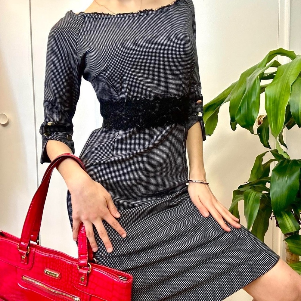 BABYLON Houndstooth Black & White Midi Sheath Dress With Lace